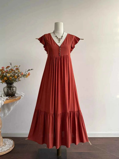 Ruffle Sleeve Maxi Dress with Button Detail
