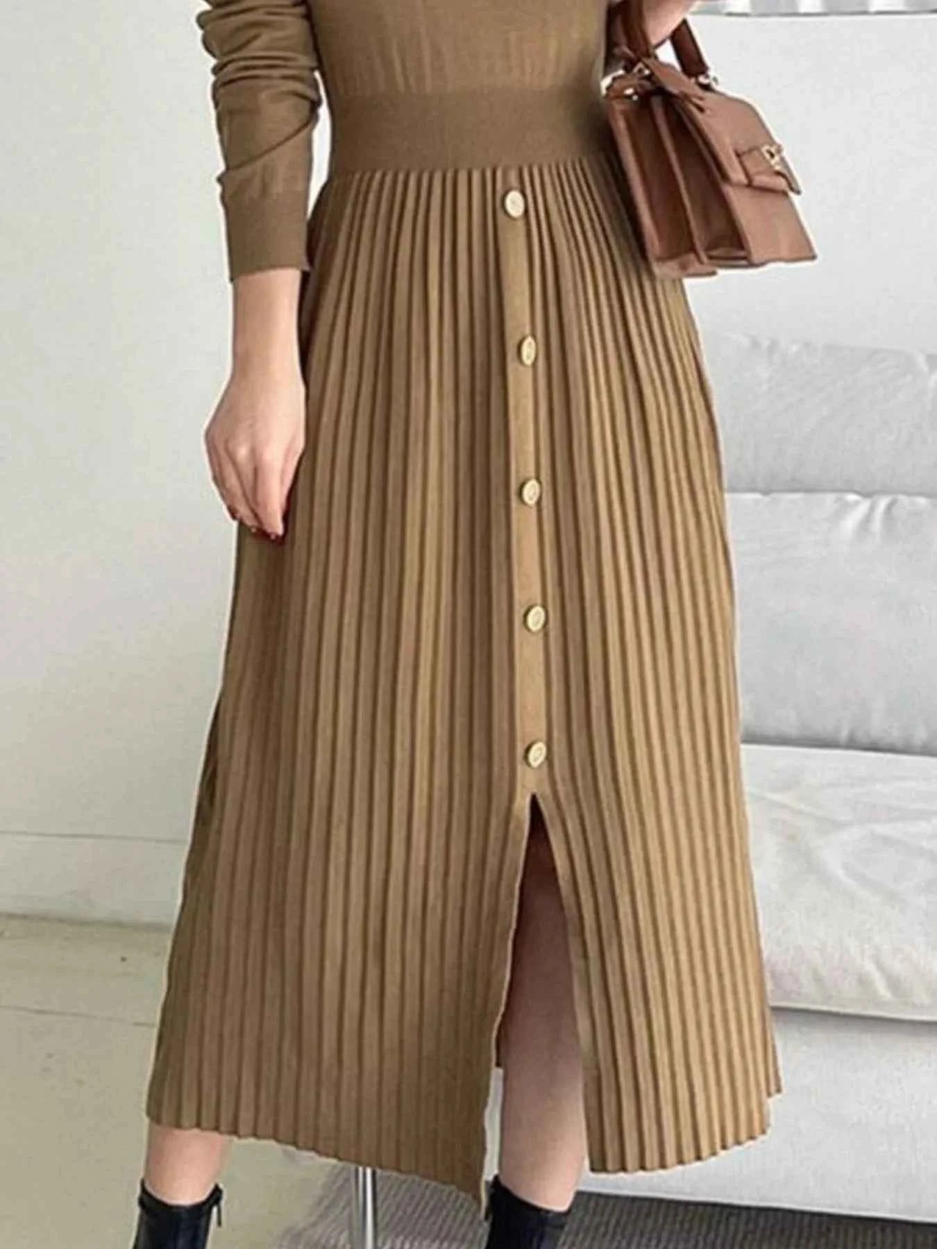 Slit Front Mock Neck Long Sleeve Knit Dress