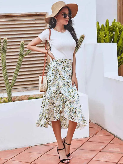 Printed Ruffled Midi Skirt