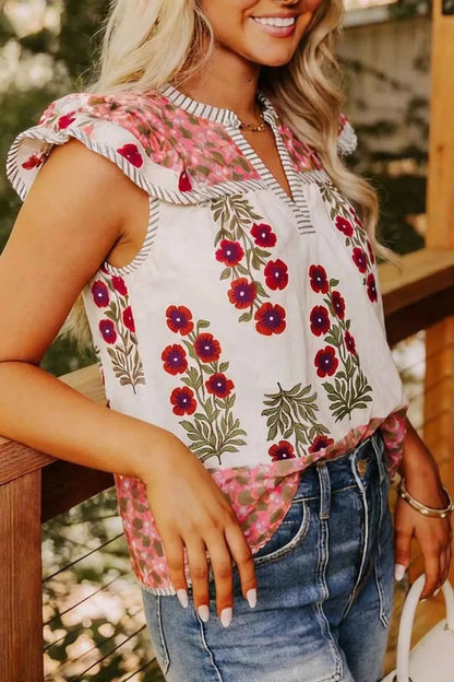 Floral Print Contrast Striped Trim Flutter Cotton Blouse