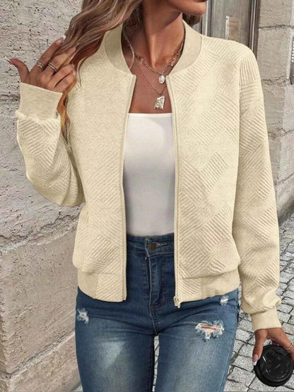 Full Size Zip Up Long Sleeve Textured Jacket Plus Size