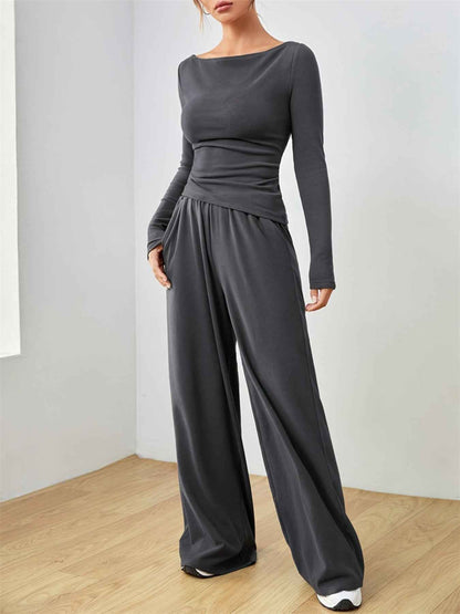 Casual Long Sleeve Top & Wide Leg Pants Set