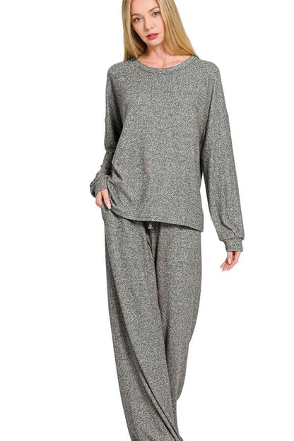 Zenana Soft Melange Hacci Long Slv Tee & Pants Set