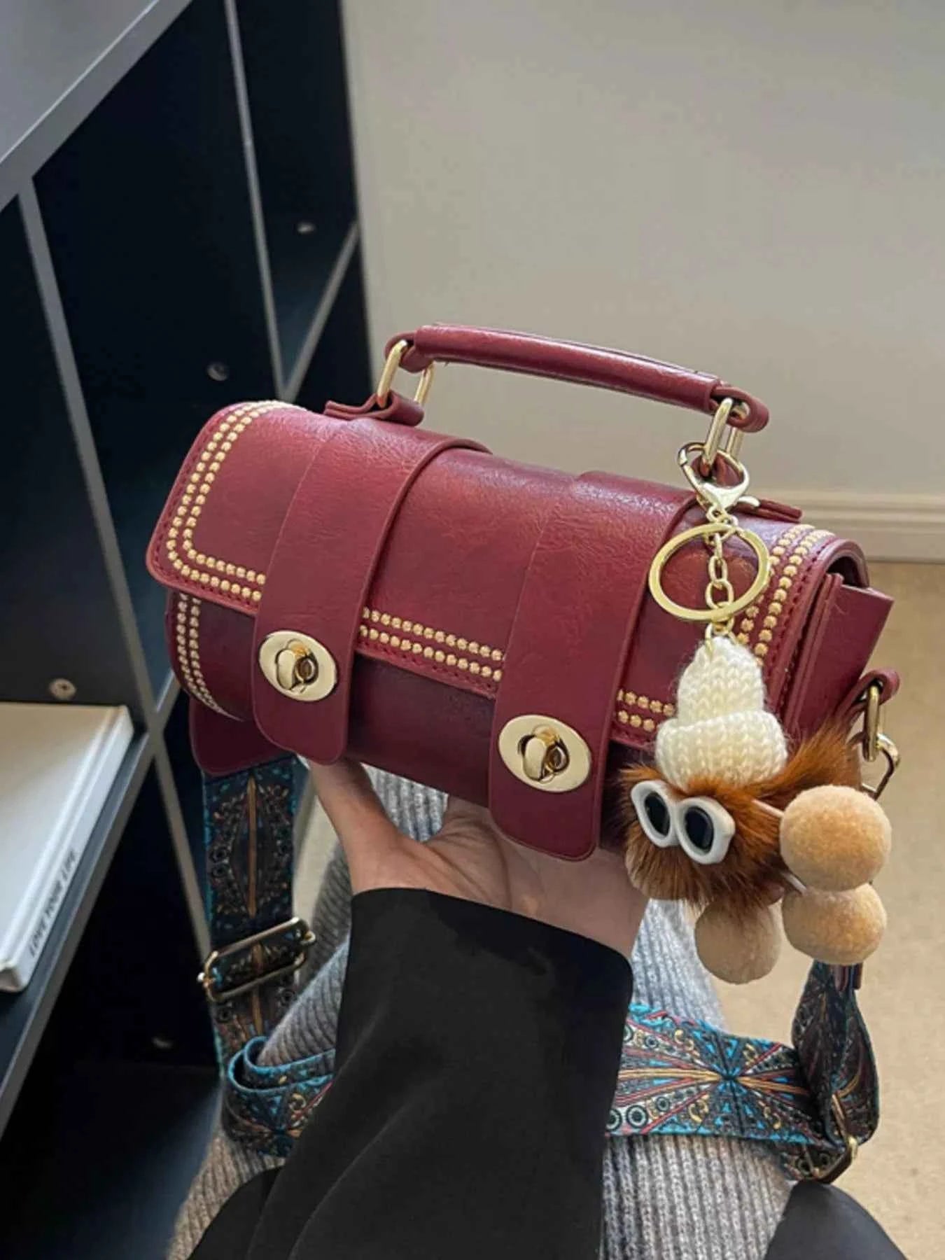 Vintage Barrel Crossbody Bag with Charm