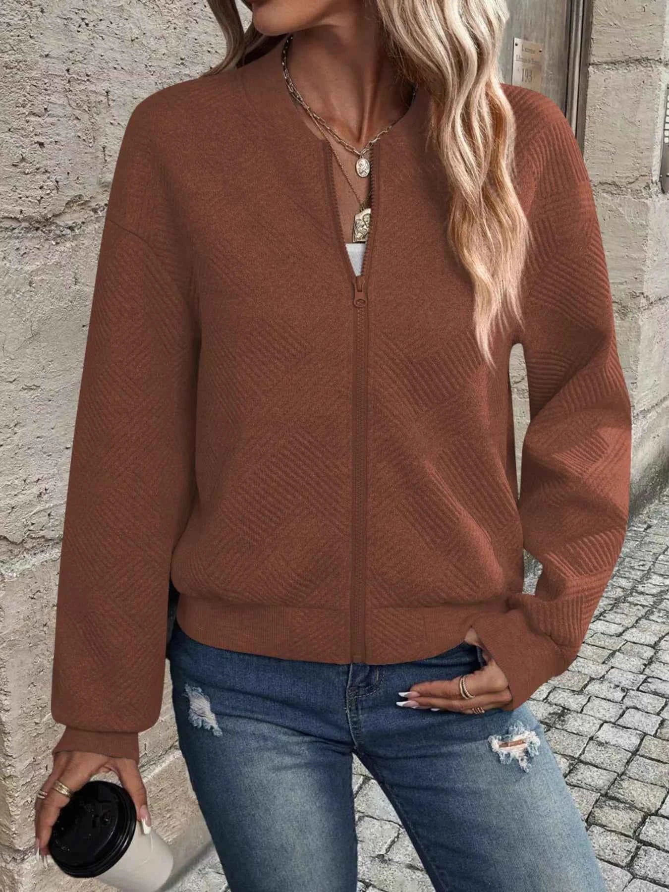 Full Size Zip Up Long Sleeve Textured Jacket Plus Size