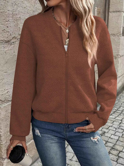 Full Size Zip Up Long Sleeve Textured Jacket Plus Size