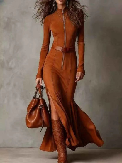 Full Size Zipper Front Long Sleeve Slit Maxi Dress Plus Size