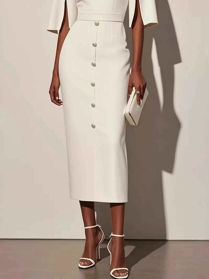 Slit Sleeve Midi Dress with Decorative Button