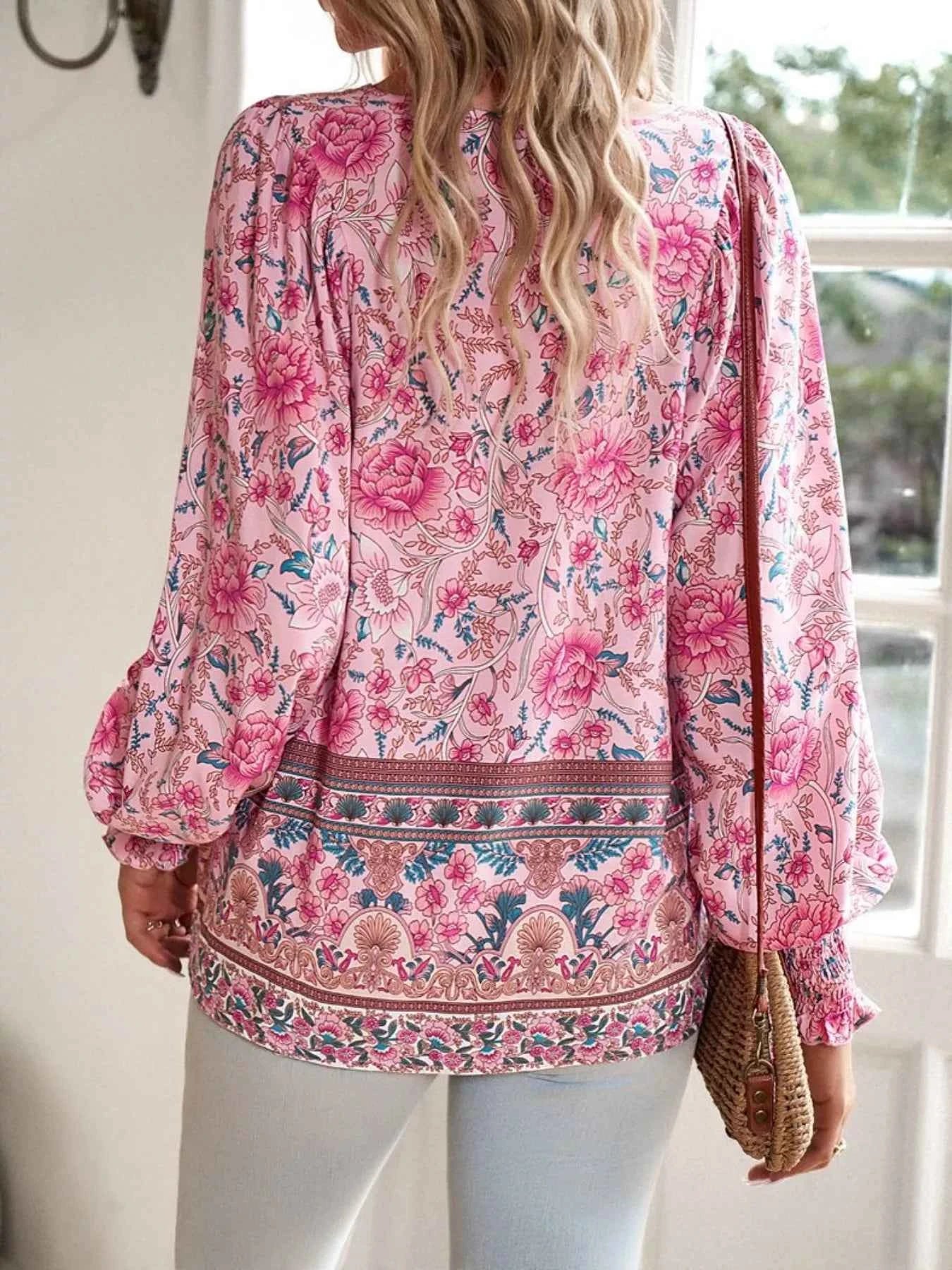 Floral Print Tie Neck Bohemian Blouse