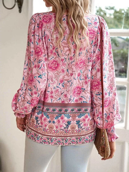 Floral Print Tie Neck Bohemian Blouse