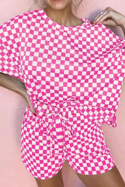 Checkered Round Neck Top and Shorts Two-Piece Set