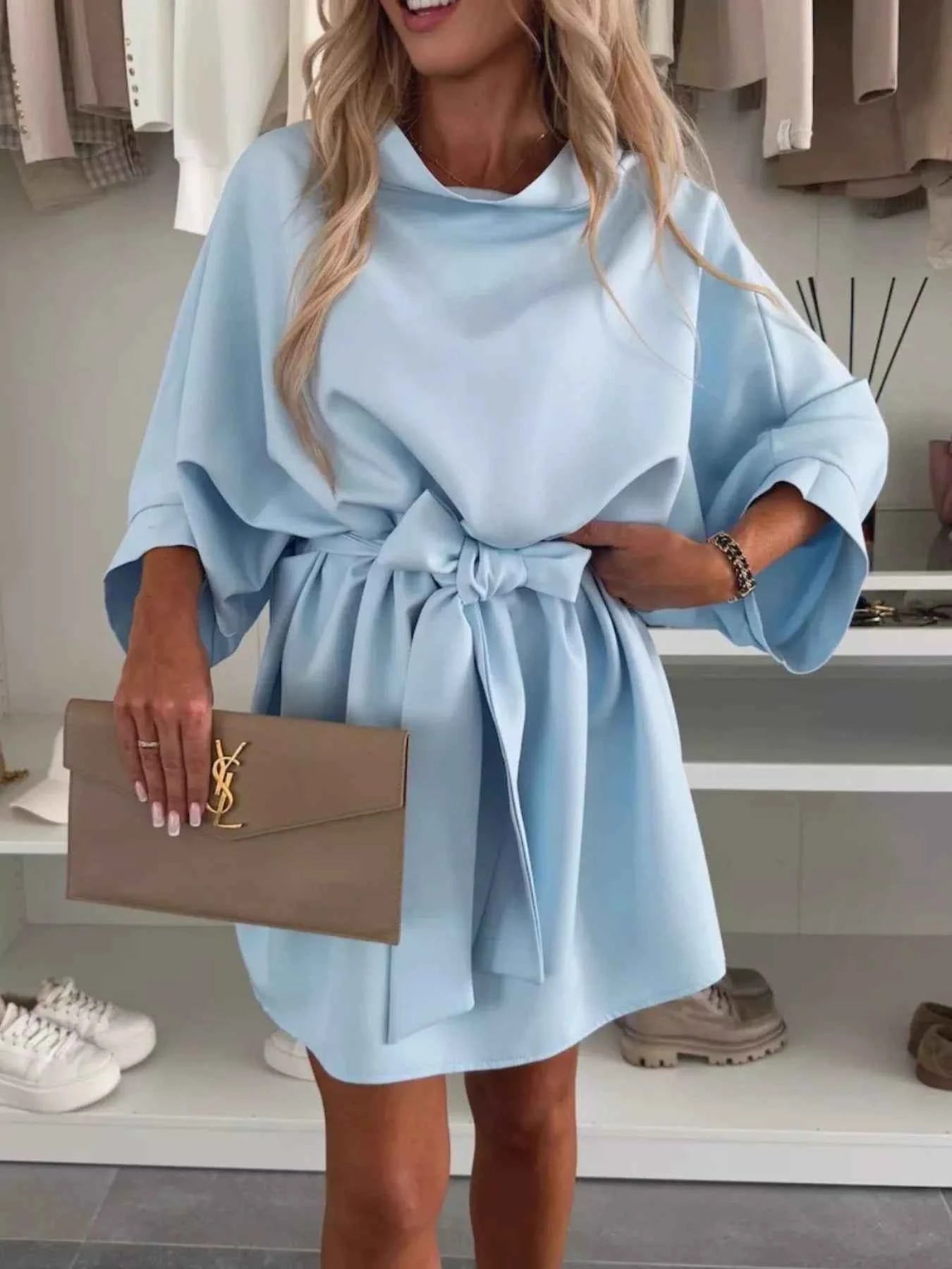 Batwing Sleeve Tie Waist Mini Dress