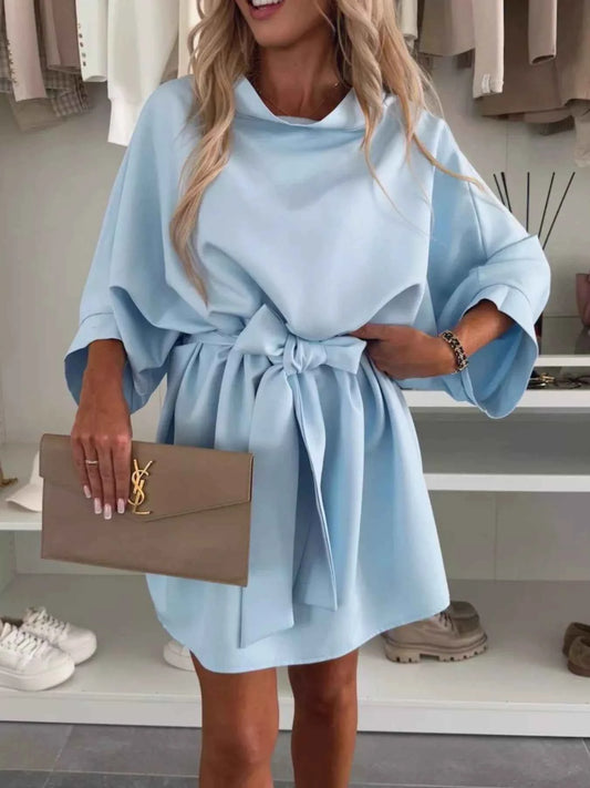 Batwing Sleeve Tie Waist Mini Dress