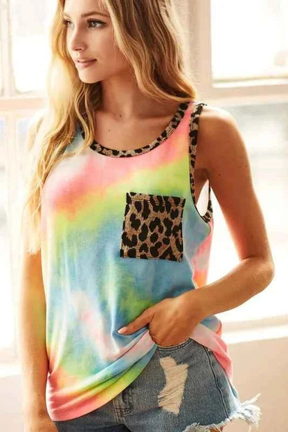BiBi Sleeveless Tie Dye Top with Leopard Band