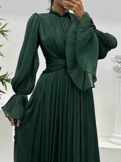 Pleated Mock Neck Long Sleeve Maxi Dress