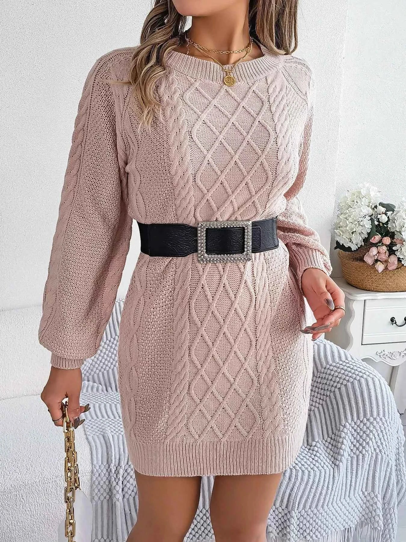 Diamond Cable Knit Sweater Dress with Long Sleeves