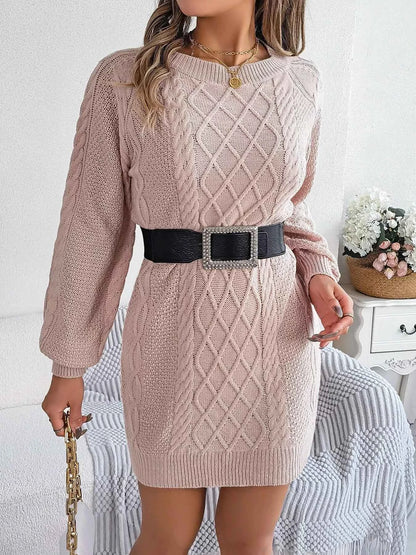 Diamond Cable Knit Sweater Dress with Long Sleeves