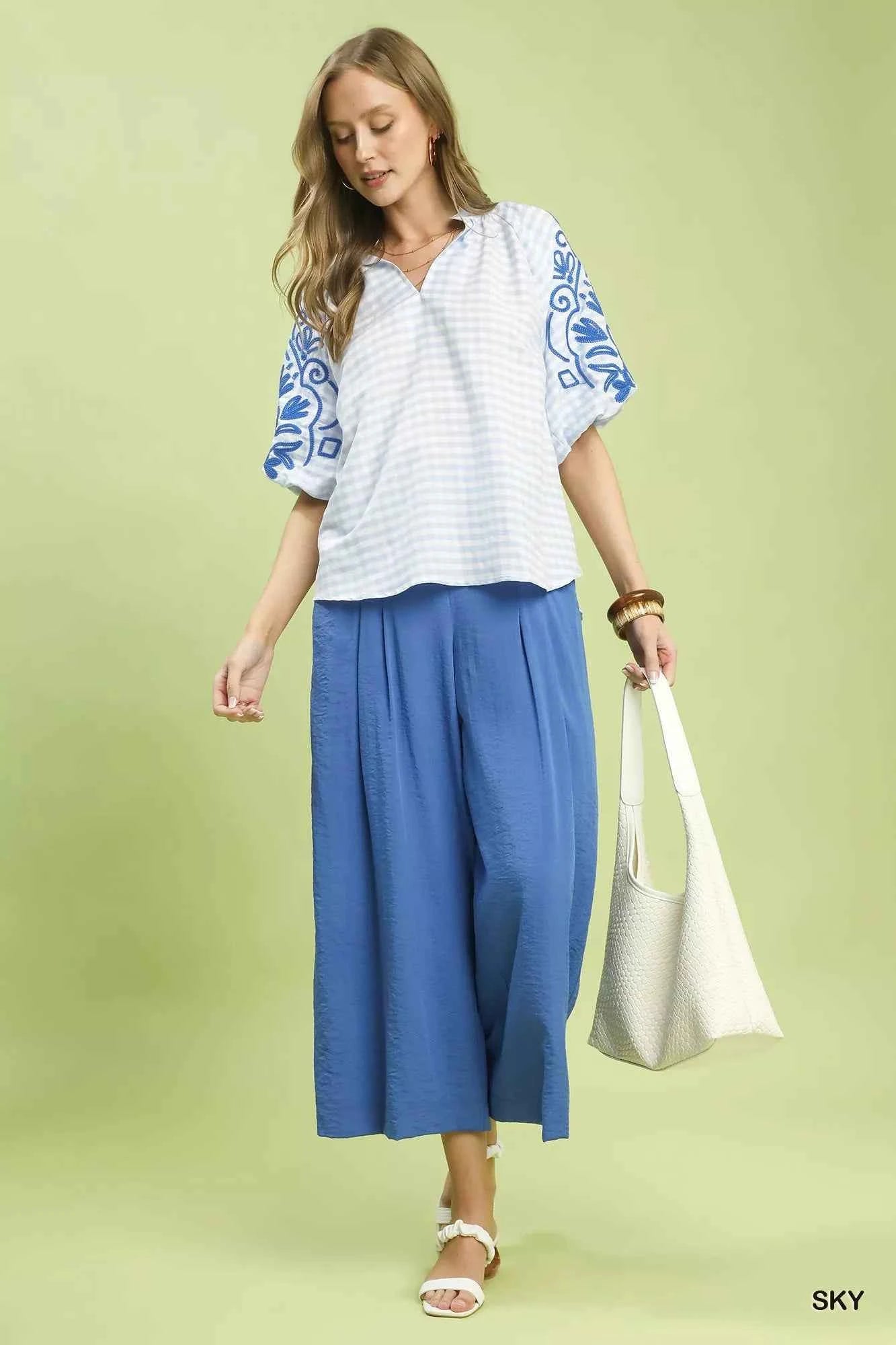 Umgee Gingham Embroidered Balloon Sleeve Top