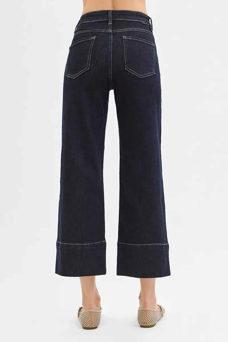 RISEN Tummy Control High Rise Crop Wide Seam Detailed Jeans