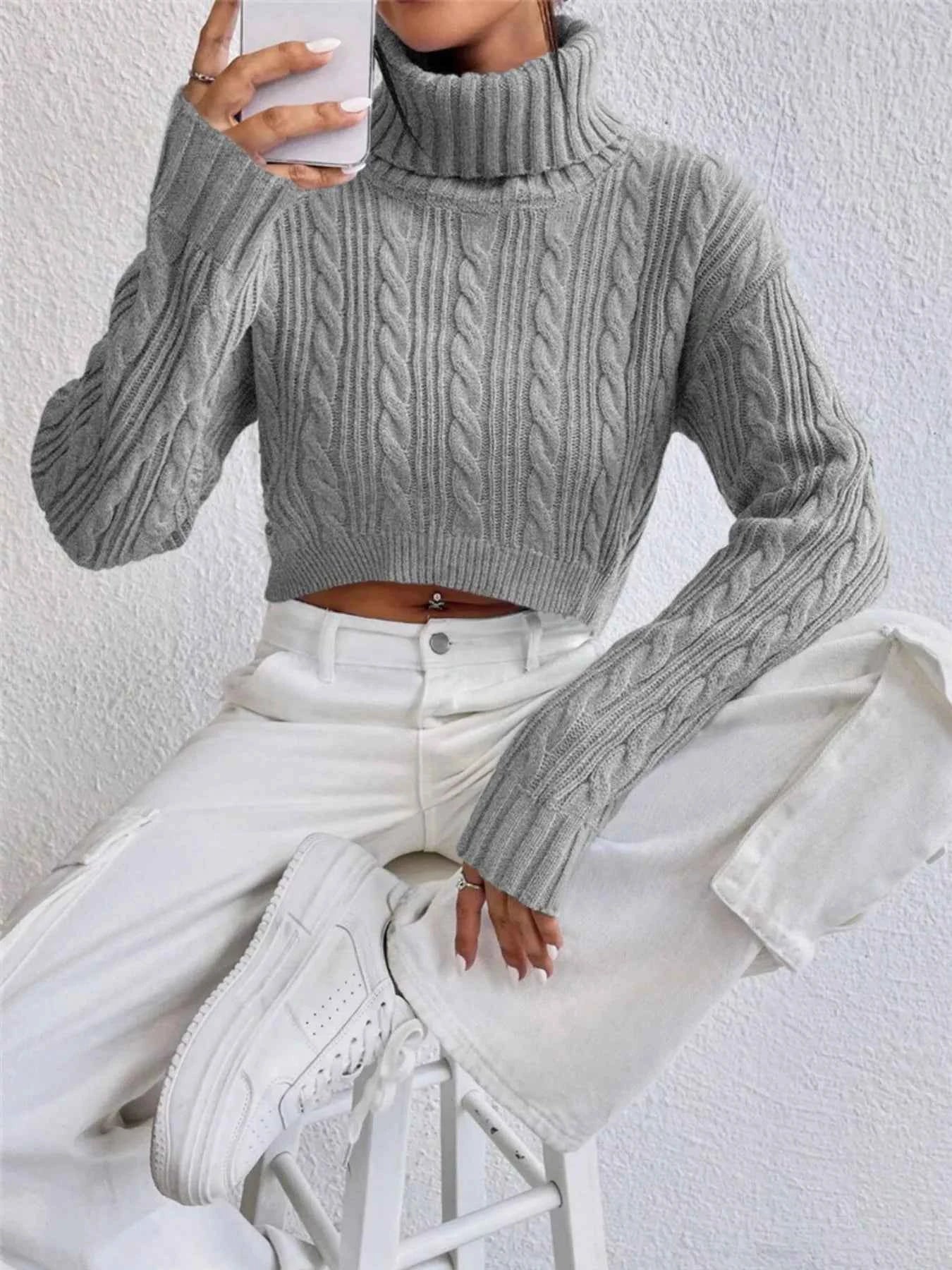 Cable-Knit Turtleneck Long Sleeve Sweater