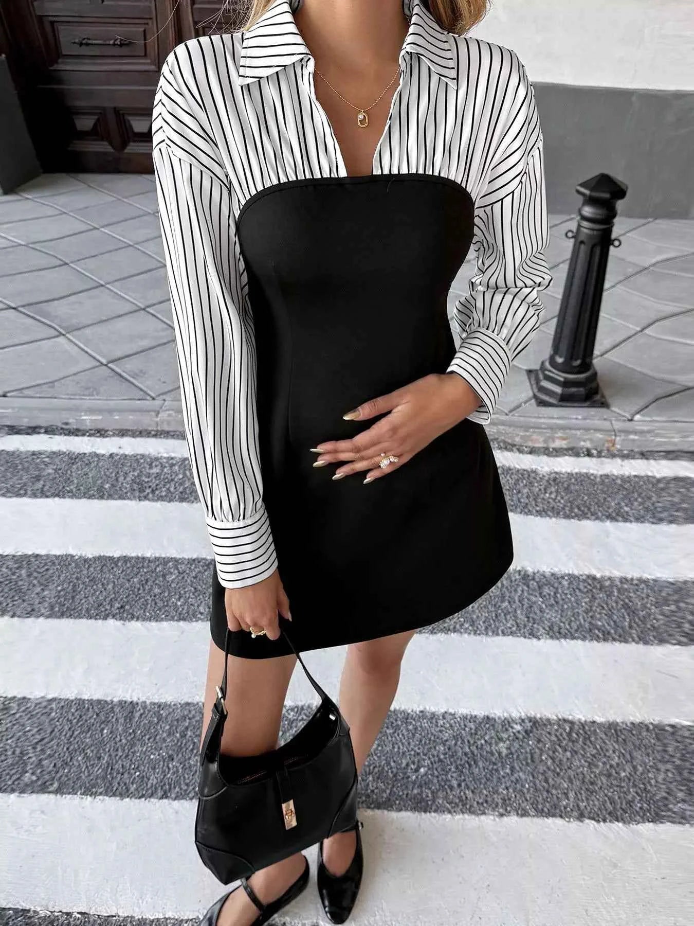 Striped Shirt Panel Bodycon Mini Dress