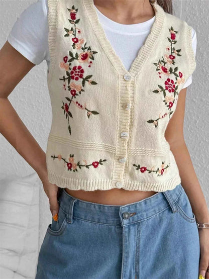 Embroidered Button Up Sweater Vest