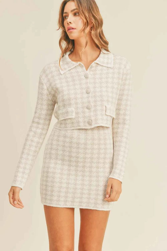 MABLE Houndstooth Cropped Knit Cardigan and Mini Skirt Set