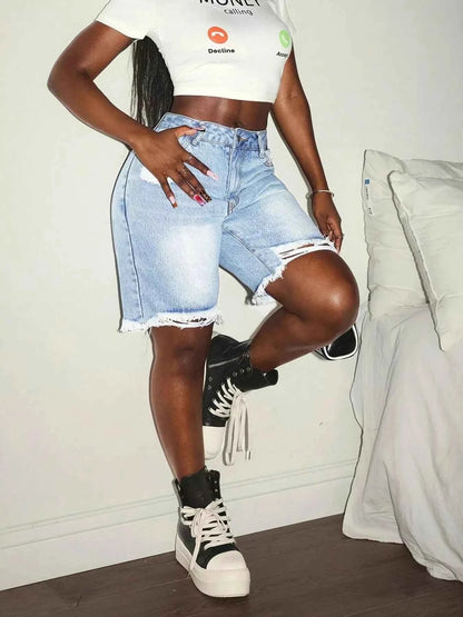 Distressed High Waist Frayed Hem Denim Shorts