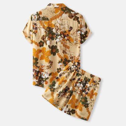 Men's Plus Size Printed Button Up Shirt and Shorts Set