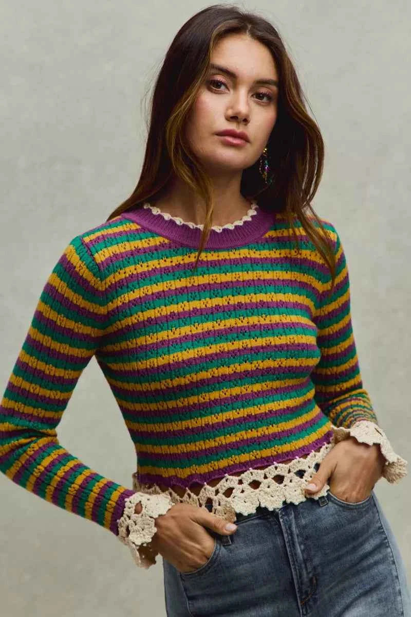 SO ME Mardi Gras Striped Cropped Knit Top with Crochet Edge