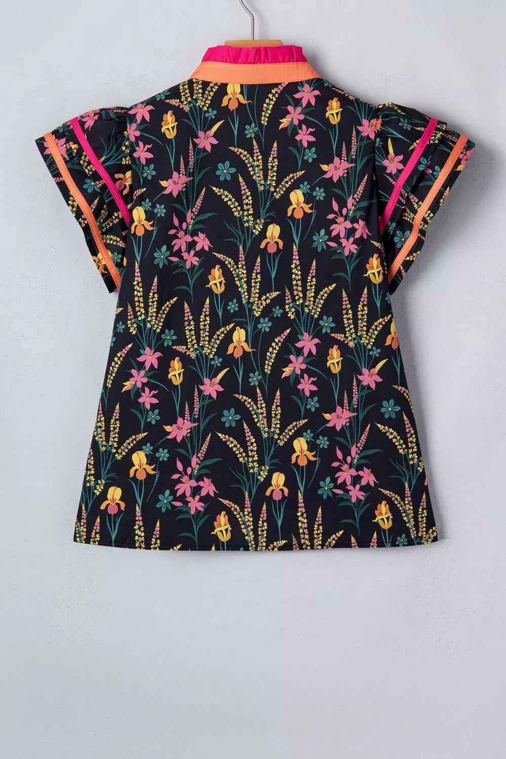 Floral Print Contrast Trim Tiered Ruffled Short Sleeve Blouse
