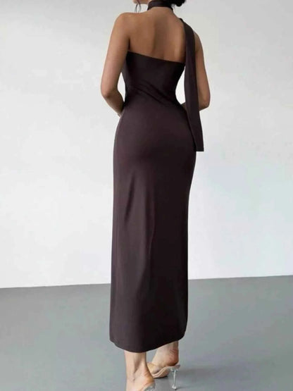 Halter Neck Ruched Bodycon Midi Dress