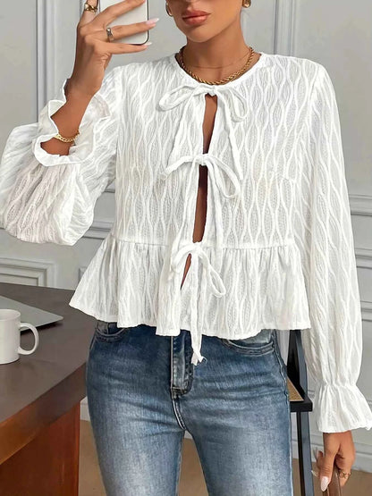 Tie Front Flounce Sleeve Blouse