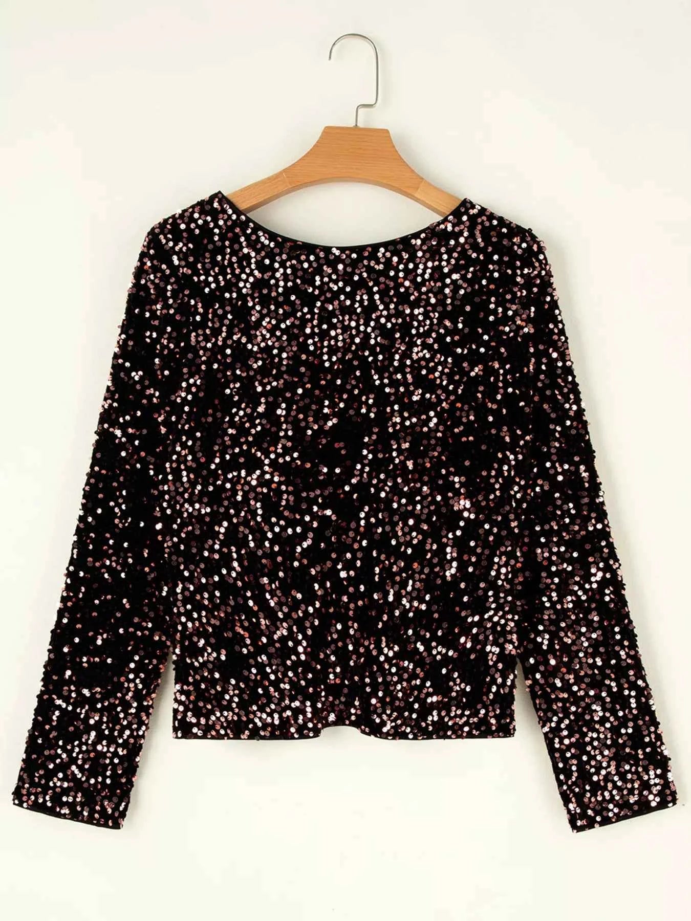 Sequin Long Sleeve Cutout Back Top
