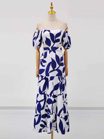 Off-Shoulder Cutout Leaf Print Maxi Dress