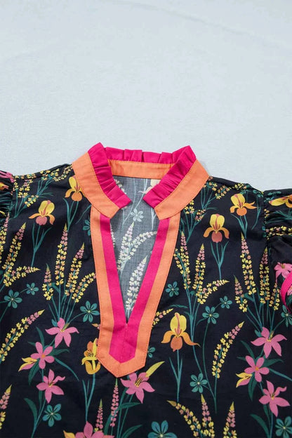 Floral Print Contrast Trim Tiered Ruffled Short Sleeve Blouse