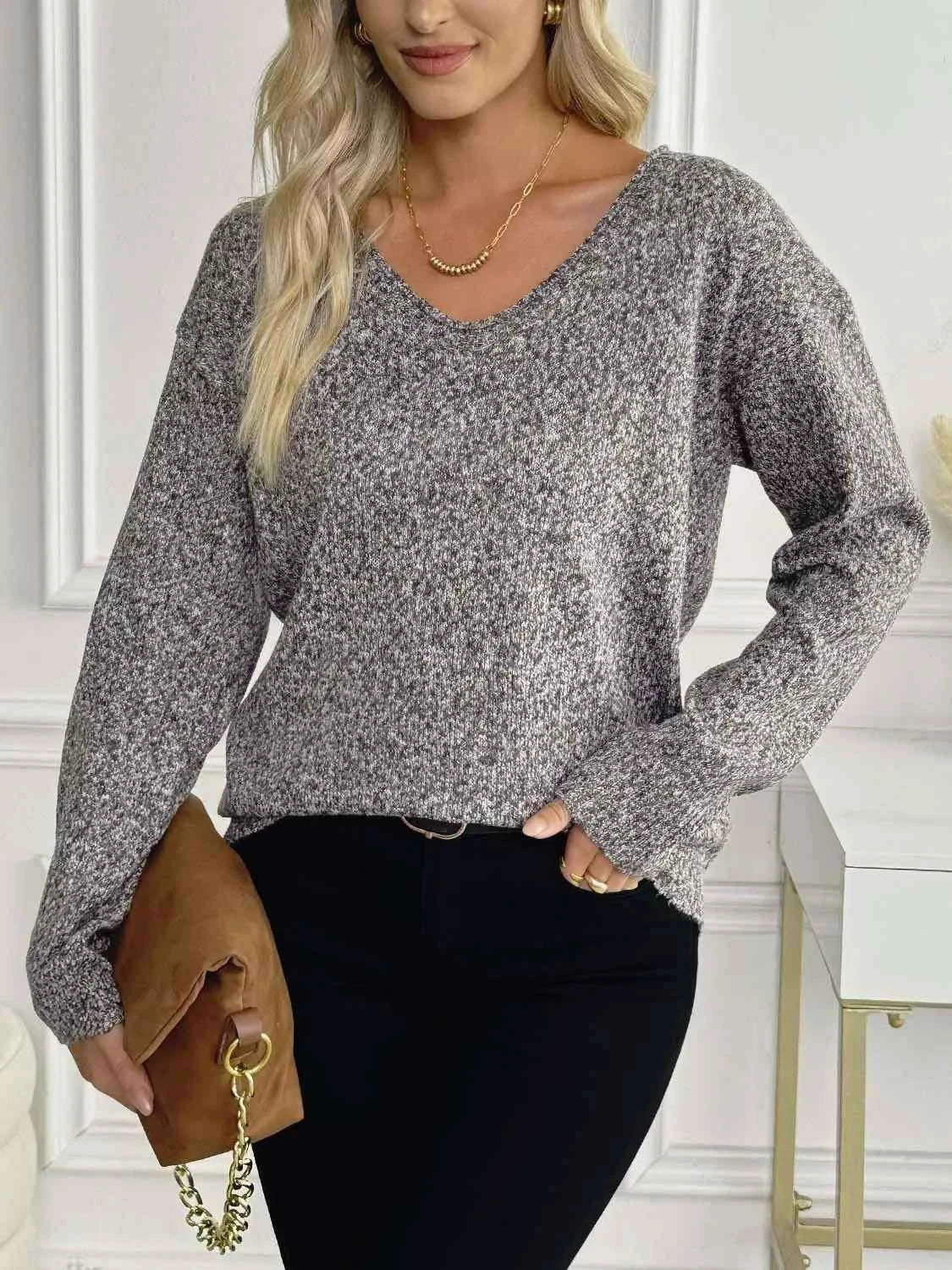Casual V-Neck Drop Shoulder Sweater