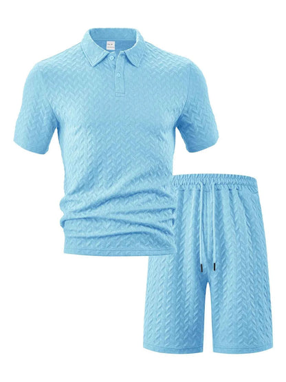 Men's Full Size Textured Polo Shirt and Shorts Set Plus Size