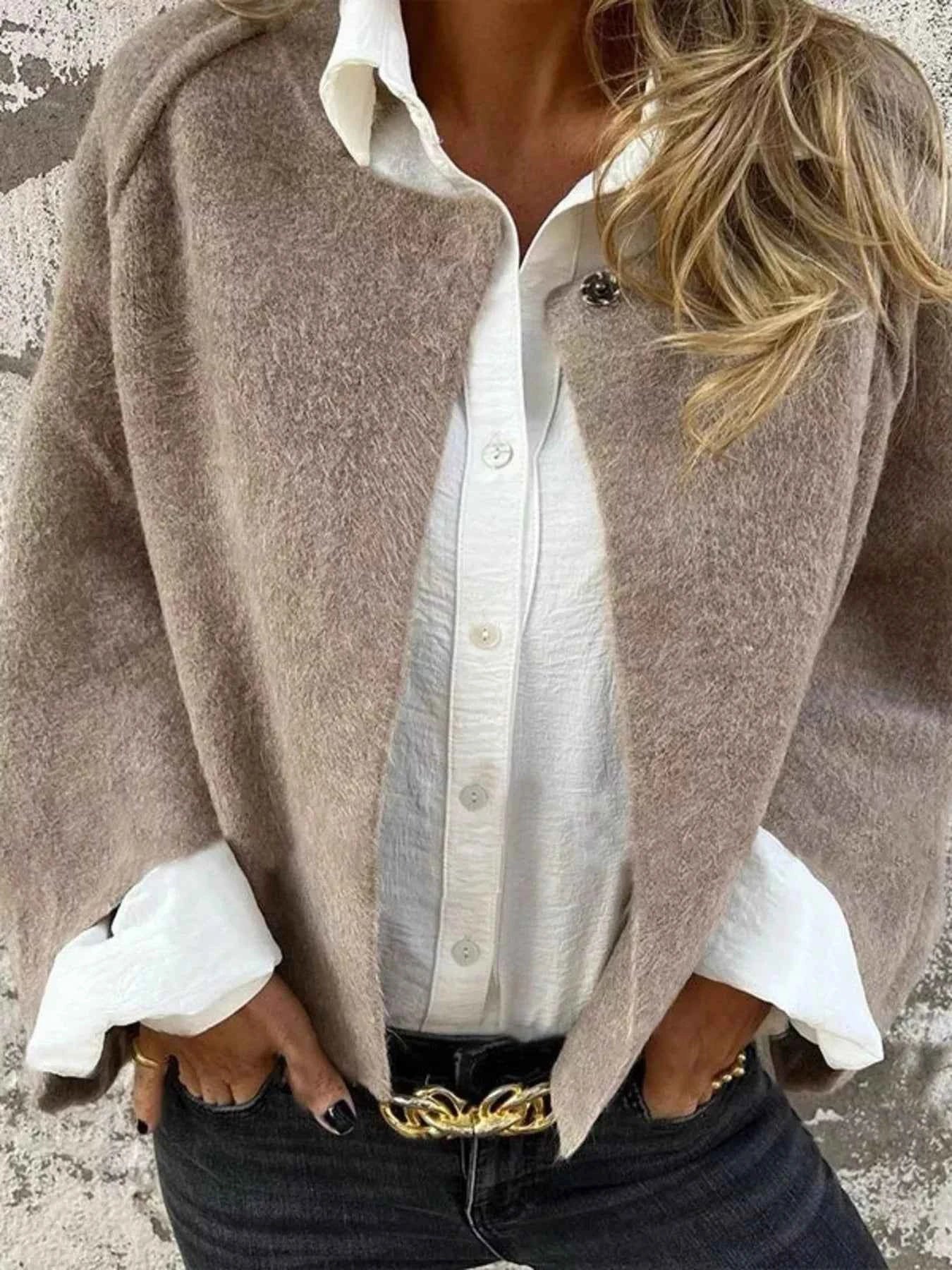 Full Size Dropped Shoulder Fuzzy Knit Cardigan Plus Size