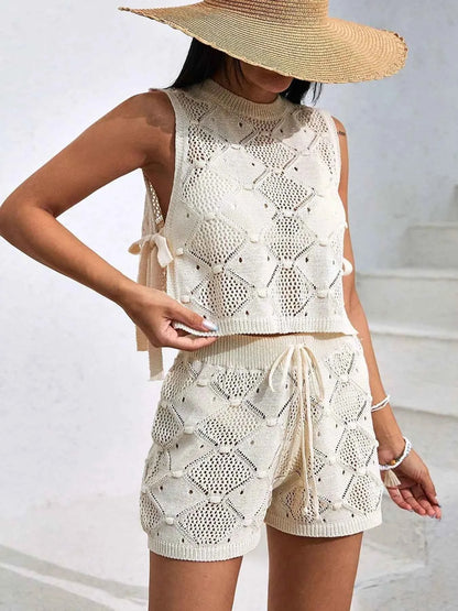 Diamond Pattern Sleeveless Top and Shorts Knit Set