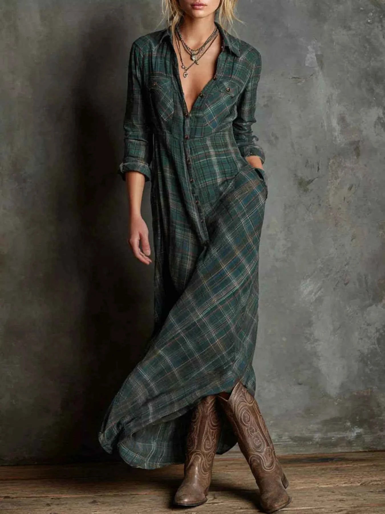 Plaid Button Front Maxi Shirt Dress