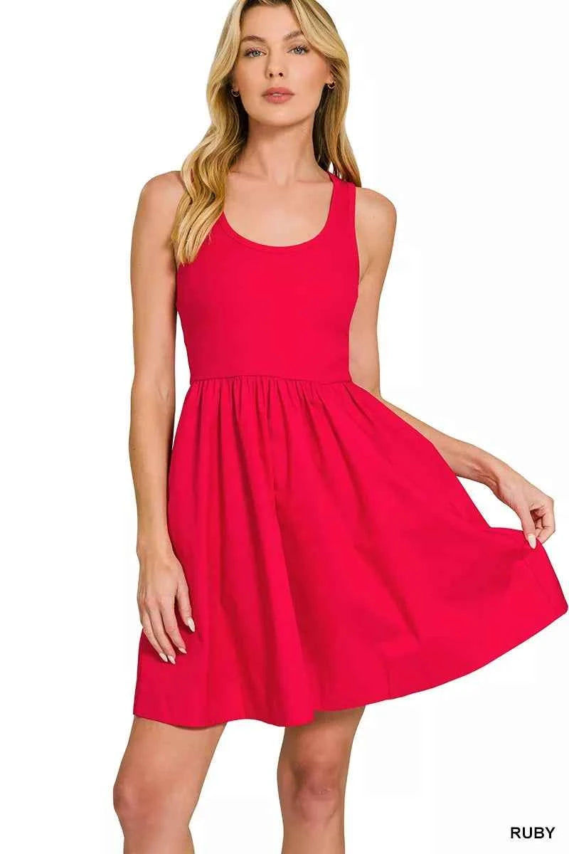 Zenana Combined Knit & Woven Midi Dress