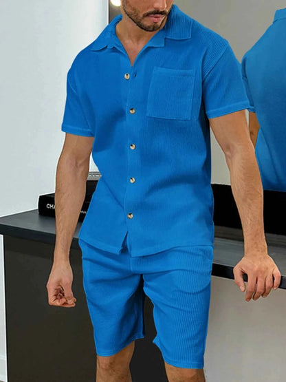 Men's Full Size Button Up Top and Shorts Set Plus Size