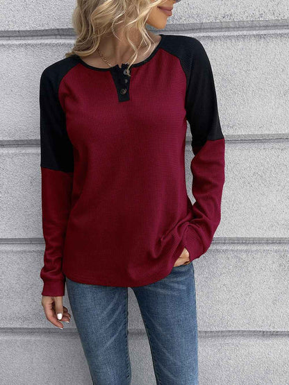 Ivy Lane Contrast Buttoned Round Neck Raglan Sleeve Top