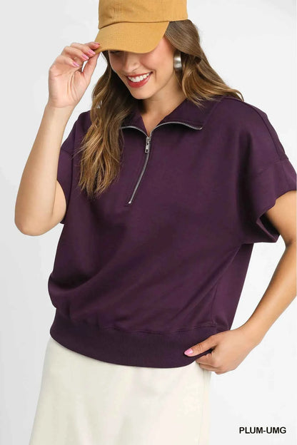 Umgee Full Size Half-Zip Short Sleeve Top Plus Size