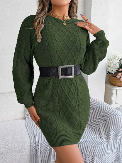 Diamond Cable Knit Sweater Dress with Long Sleeves