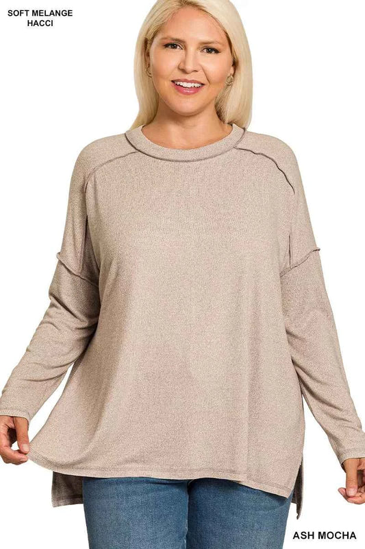 Zenana Full Size Melange Hacci Exposed Seam Hi-low Tee Plus Size
