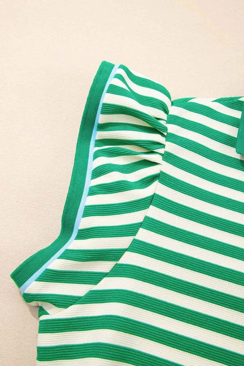 Stripe Print Contrast Collar Split Neck Flutter Sleeve Dress