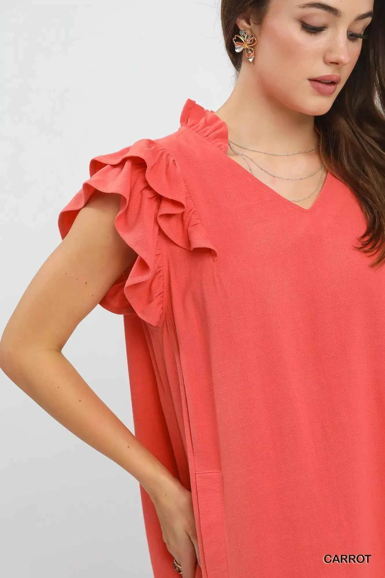 Umgee Linen Flutter Sleeve Shift Dress with Pockets