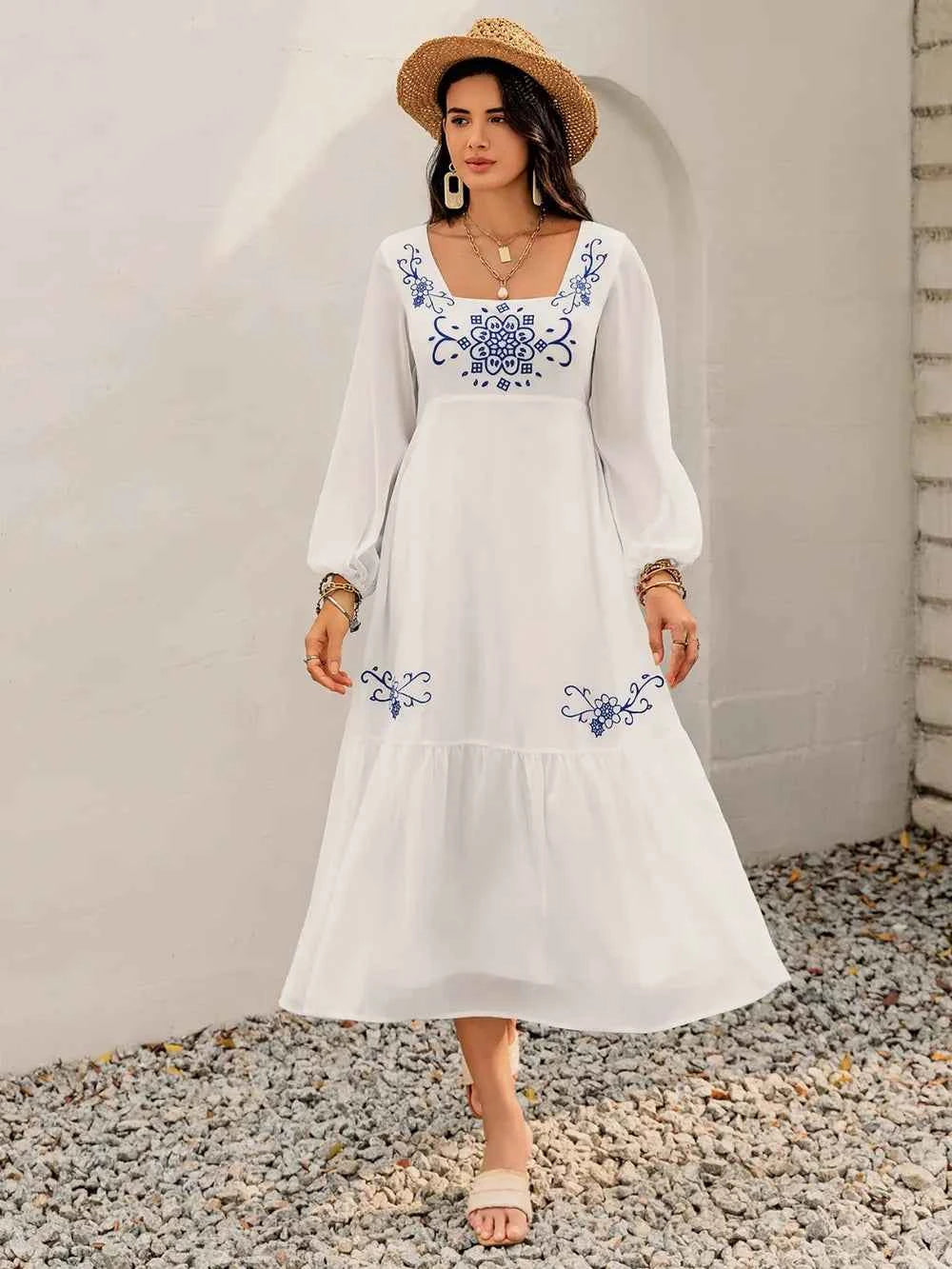 Printed Square Neck Balloon Sleeve Dress